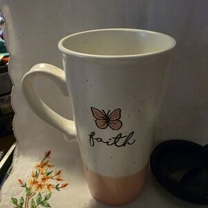 Sheffield Home "Faith" Ceramic Travel Mug Featuring A Pink Butterfly